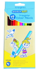 Marlin Kids Colour Pencils Long Triangular Pack Of 12-IDEAL For Beginners Reduced Hand Fatigue Allows For Smooth Drawing 2.8MM Thick Leads Retail Packaging No Warranty    