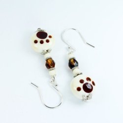 Earrings Murano Glass Beads Hand Made Pawprint Ivory Safari