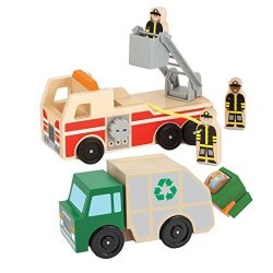 Melissa And Doug Whittle World Wooden Playset Bundle - Fire Truck Playset With Garbage Truck Set - Ages 3 And Up