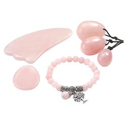 Top Plaza Natural Rose Quart Gemstones Healing Crystals Set With Yoni Egg Tree Of Life Charm Elastic Bracelet Thumb Worry Stone Gua Sha Scraping