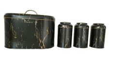 Black Bread Bin & 3 Piece Canister Set With Gold Grey And White Detail