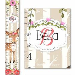Woodland Deer In Watercolor Roses - New White Scroll - Canvas Girls Growth Chart
