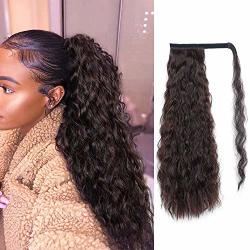 Magichair 22 Inch Long Yaki Deep Wave Ponytail Extension Magic Paste Heat Resistant Yaki Water Wavy Synthetic Wrap Around Ponytail Black Hairpiece For Women