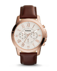 Fossil Grant Leather Strap Watch in Rose Gold & Brown