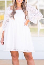 White Gingham Square Neck Puff Sleeve Plus Size Dress - 3XL SA46 UK22