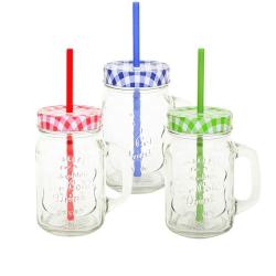 Mason Jar Mug - Cold Drink Cocktail 500ml Handled Party Glass Jar Tumbler With Lid & Straw