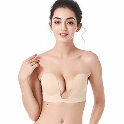 Outry Strapless Sticky Invisible Bra Reusable Adhesive Backless Bra Push Up Deep U Invisible Bra For Women Nude Cup B