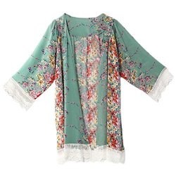 Sunward XL Flower Chiffon Shawl Kimono Cardigan Cover Up Blouse Tops in Green