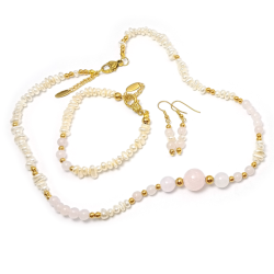 Rose Quartz Gemstone And Seashell Necklace Bracelet And Earrings Set