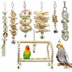 Deloky 7 Packs Bird Parrot Swing Chewing Toys- Natural Wood Hanging Bell Bird Cage Toys Suitable For Small Parakeets Cockatiels Conures Finches Budgie Macaws