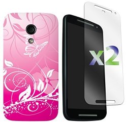 Exian Motorola Moto G 2ND Generation Screen Guards X2 And Tpu Case Butterflies And Flower Pink