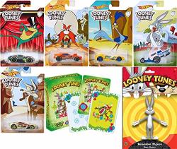 Hot Wheels Crazy Looney Tunes Cartoon Cars Exclusive Bundled With Bugs Bunny Figure & Holiday Playing Cards Road Runner & Coyote + Michigan J. Frog 7 Items