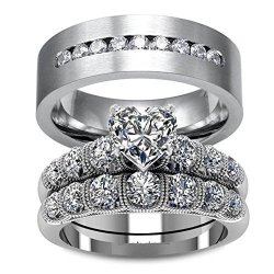 LOVERSRING Couple Ring Bridal Set His Hers White Gold Plated Cz Stainless Steel Wedding Ring Band Set