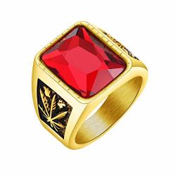 Helegesong Rings Jewelry Men Square Rhinestone Carved Maple Leaf Band Titanium Steel Ring Jewelry Gift - Golden Us 10 Red.