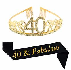 40TH Birthday Gold Tiara And Sash Glitter Satin SASH"40 & Fabulous" And Crystal Rhinestone Birthday Crown For Happy 40TH Birthday Party Supplies Favors Decorations