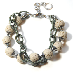 Atenea Handmade Beige Lava Bracelet With Silk Looped Nylon Chain & Stainless Steel Chain & Clasp