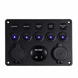 Jahyshow 5 Gang On-off Blue LED Toggle Switch Panel Voltmeter Dual USB IP65 Waterproof For Car Boat Marine Ships Yachts