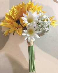 Silk Yellow Sunflowers Daisies & Baby Breath Bouquet 9.5 Inches Tall
