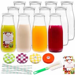 SUPERLELE Reusable Glass Juice Bottles with Caps and Straws for Juicing,  Milk, Smoothie, Drinking and Other Beverages, 12pcs 12oz