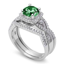 Halo Three Piece Trio Set Wedding Ring Infinity Round Simulated Emerald Green Cz 925 Sterling Silver