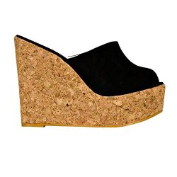 Syktkmx Womens Platform Wedge Sandals High Heel Slip On Peep Toe Cork Mules Slides 9MUS 1-BLACK