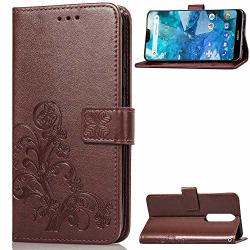 Jddrcase For Cell Phones Case Emboss Lucky Flower Four-leaf Clover Pu Leather Wallet Case With Lanyard Strap For Nokia 7 2018 Nokia 7.1 Color : Brown
