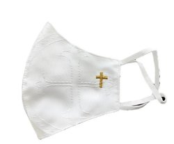White Liturgical Mask For Priest - Brocade Damask Fabric With Cross Design