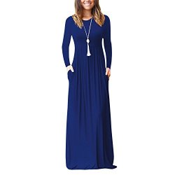Women Catawe Long Sleeve Maxi Dress Loose Plain Casual Long Dresses With Pockets Dark Blue L