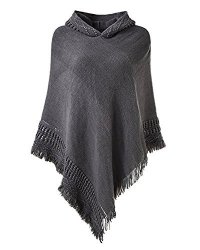 Sunnyme Women Solid Color Poncho Hooded Fringes Crochet Shawl Capes Cover Up Cardigan Grey One Size