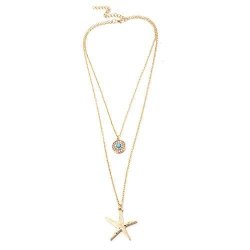 Ponctuel Escargot Double Layer Star Fish Necklace Crystal Circle Coin Pendant Gold Layered Chain Gift