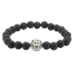 8MM Black Rock Lava Enery Healing Stone Beaded Silver Lion King Head Charm Stretch Bracelets For Men