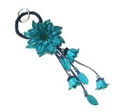 Bella Pazzo Blue Handmade Dahlia Flower Leather Keychain Key Ring Clasp Bag Charm Handbag Purse Charm Car Key Pendant