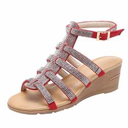 Happylove Women's Fashion Strappy Stilettos Open Toe Rhinestone Wedges Sandals Red