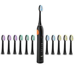 Simplisonic Ultrasonic Rechargeable Electric Toothbrush Premium Package W 12 Heads Black