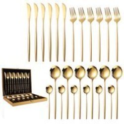 24-PIECE Authentic Flatware Dinner Set In Decadent Wooden Gift Box Gold