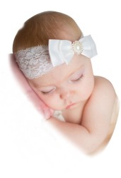 White Lace Headband With White Bow And Pearl Detail - Ideal For Formal Occasion