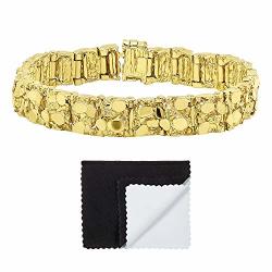 The Bling Factory Men's 12.5MM 0.25 Mils 14K Gold Plated Textured Brass Nugget Link Bracelet 7 Inches + Jewelry Cloth