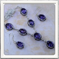 Charming Natural Purple Amethyst Gemstone 925 Silver Necklace And Earrings