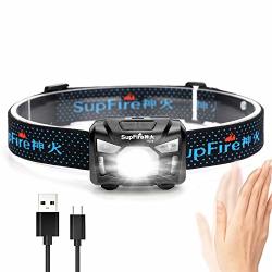 Supfire Headlamp Motion Sensor Head Lamp Cree LED 300 Lumens Hands Free Headlight Charge With USB Lantern Comfortable Elastic Headband Brightest Lamp 5 Modes
