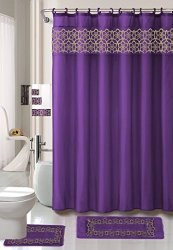 Fayari 18 Piece Elegant Bathroom Set: 2-RUGS MATS 1-CONTOUR Rug 1-BATH Mat Poly Acrylic Pile Rubber Backing 1-FABRIC Shower Curtain 12-FABRIC Covered Rings 3-PIECE Decorative Towel