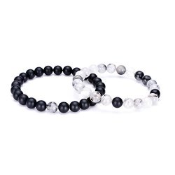 Couples His And Hers Bracelet Black Matte Agate & White Howlite 8MM Beads By Long Way 7.5"&7.8