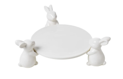 3 Bunnies Holding Ceramic Cake Stand snack Tray