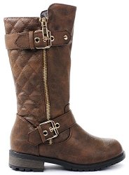 KIDS Girls MANGO21 Brown Dual Buckle zipper Quilted Mid Calf Motorcycle BOOTS-2