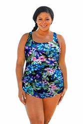 CHLORINE RESISTANT AQUAMORE PRINT SARONG FRONT SCOOP NECK ONE PIECE SWIMSUIT