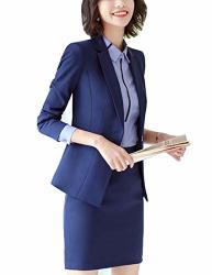 Mfrannie Women 2 Pieces Office Lady Work Suit Set Classic Solid Blazer And Skirt Blue M