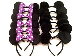 Mickey Mouse Ears Solid Black And Polka Dot Bow Minnie Headband For Boys And Girls Birthday Party Or Celebrations Pack Of 24