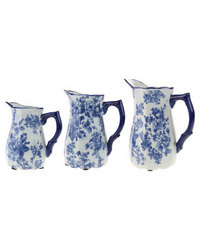 Gift Warehouse Rose Printed Porcelain Jugs Set Of 3 & White Blue