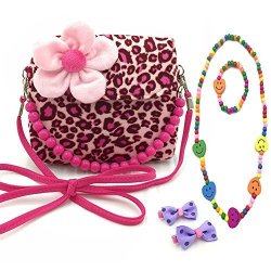 Little Girl Beauty Set Plush Flower Handbag + 2 Hair Clip + Necklace And Bracelet Leopard