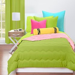 2 Piece Kids Green Pink Waves Stripes Pattern Comforter Twin Set Elegant Two Tune Solid Color Reversible Bedding Super Soft Stripe-inspired Design Features Machine