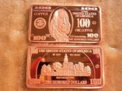 100 Usd Fine Copper Bar 1 Tr.oz Franklin